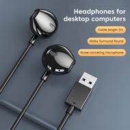 Elough V6 Y7 Long USB Wired Desktop Headphones 3M In-ear Earphones With Mic USB-A Cable Handsfree He