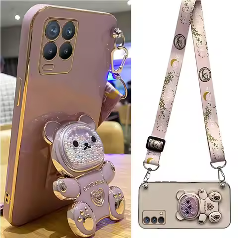 Quicksand Bear Holder Lanyard Phone Case For Oppo Realme 8 Pro 5i 6i 8i 9 10 Strap Stand Cover C20 C