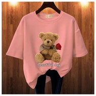 BAJU KAOS WANITA OVERSIZE LENGAN PENDEK BEAR LOVE LEHER BULAT KAOS MURAH COTTON COMBED blus jumbo