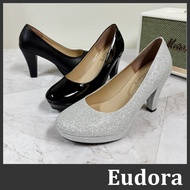[Eudora] Round Toe High Heels Platform Wedding Shoes Black Patent Leather Shiny Silver Bag Banquet B