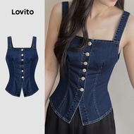 Lovito Casual Denim Top Button Split Spring/summer Dark Blue Denim Top for Women L155ED1644 Lovito T