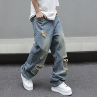 ผู้ชาย Distressed กางเกงยีนส์กระเป๋า Baggy ยาว Ripped Frayed Jean Cargo Plain สีน้ำเงินเข้ม Going Ou