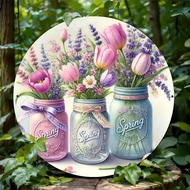 Charming Spring Floral Mason Jar Metal Sign - 7.8 X 7.8 Inches Perfect For Home, Farmhouse And Garde