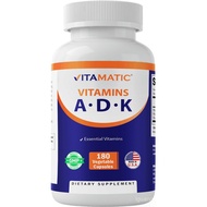Suplemen Vitamin ADK Vitamatic, 180 Kapsul Sayuran, Vitamin A Berpotensi Tinggi, D3, K2, Bukan GMO, 
