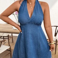 Plus Size Women's Vacation Deep V Backless Sexy Halter Denim Dress,Summer Outfit For Women,Festival 