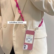 包郵 勞蘇鏡面手機殼連斜孭掛繩💕Lotso Bear pink mirror iPhone case with strap 💕iPhone 13/13pro/13pro max/12/12pro/12pro max/11/11pro/11pro/X/XS/XS max/XR/7+/8+/SE3/SE2/7/8💕注意卡通鏈條為木質，純手工，有機會有小瑕疵或裂痕，不適合完美主義者