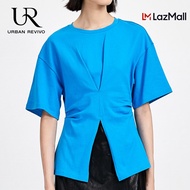 URBAN REVIVO Round-neck Short-sleeved T-shirt Womens Summer New Solid Color Irregular slit design top