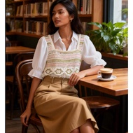 Women Blouse Crochet Knit Square Neck Chiffon Sleeve Top Embroidery Boho Vacation Outfit