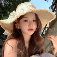 topi perempuan topi pantai Lace busur topi besar topi jerami wanita musim panas 2025 topi matahari b