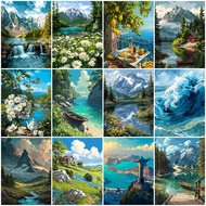 Oil Painting By Numbers Mountain Lake Waterfall Scenery DIY Digital Oil Painting Tree Boat Landscape