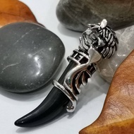 Stainless Steel Wolf Inlay Black Tooth Glass Stone Pendant.