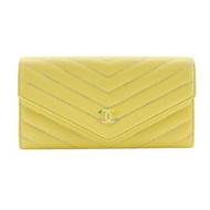 【日本直送】香奈兒 CHANEL V Stitch 長夾 經典 CC Logo 羊皮 黃色 女用【二手】