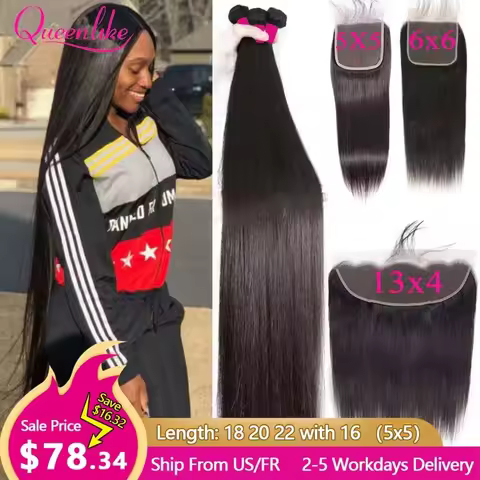 Queenlike 5x5 Lace Closure With Bundles Brazilian Weave 30 40 Inch Straight Human Hair Bundles With 
