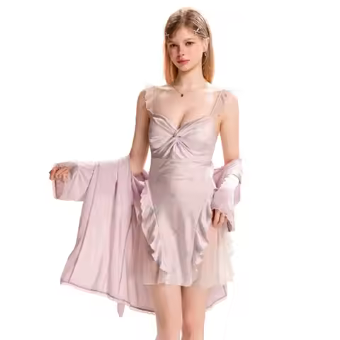 Satin Mesh Patchwork With Chest Pads Sweet Flutter Sleeve Printed Camisole Nightdress Robe Home 2‑pi