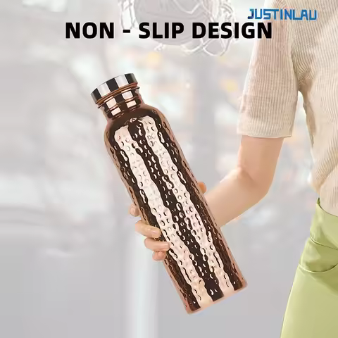 JUSTINLAU 27oz Electroplated Copper Water Bottle​ ​One-Click Open Lid​ Stainless Steel ​Hammer Patte
