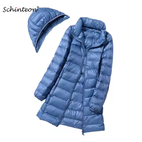 Schinteon M-7XL Women Down Jacket Ultralight White Duck Down Long Coat with Removable Hood Thin Slim