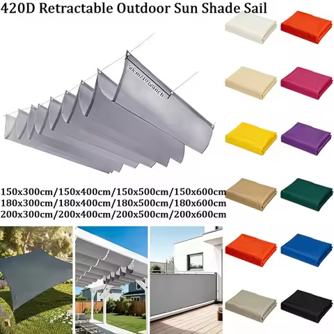 420D Retractable Outdoor Waterproof Sun Shade Sail UV Protection Pergola Shade Net Patio Balcony Bac