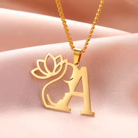 My Shape Beauty Lotus Flower Initials Necklace Women Gifts Stainless Steel Letter Alphabet Pendants 