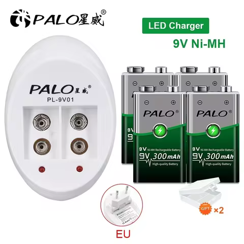 PALO 300mAh 9V NIMH Rechargeable Battery 6F22 9V Crown Battery + 9V Battery Charger For 9V NI-MH Li-