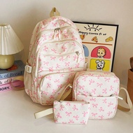 3pcs Nylon Bow Print Backpack Set,Foldable Multi-Po Cket Large CapacityWater-Resistant Zipper Backpa