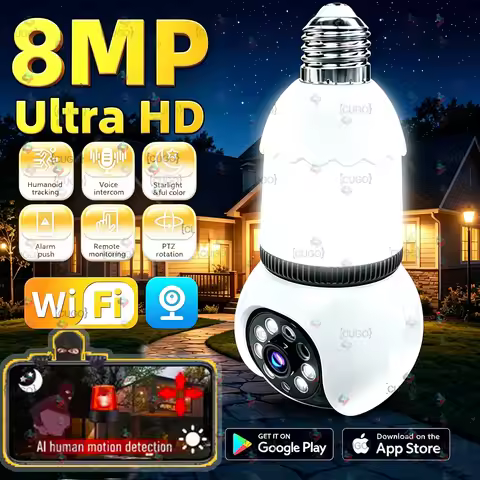 8MP Wireless Surveillance Cameras E27 Bulb WiFi Camera With LED Lights 2 in 1 IP Camera PTZ Human De