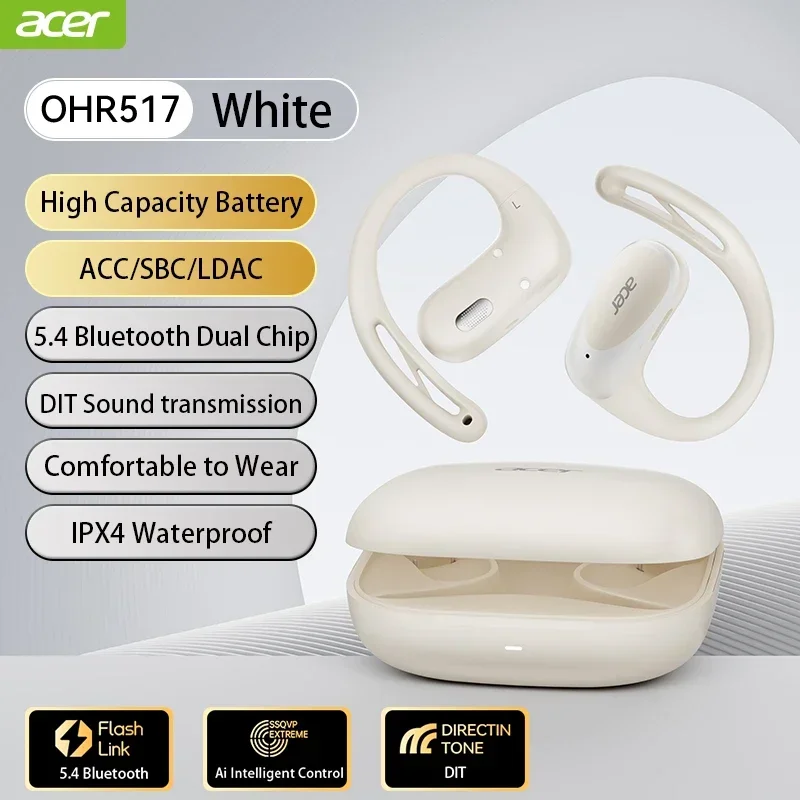 Acer OHR-517 Open-Ear Earphones Ear Hooks Wireless Bluetooth 5.4 Headphones Hi-Res OWS Earphones Bas