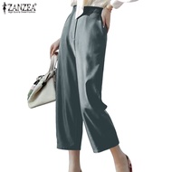 CELMIA ZENZEA Womens Elegant Long Pants Elastic High Waisted Casual Loose Wide Leg Trousers Plus Siz