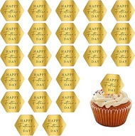 EDUEE Fathers Day Cake Toppers Acrylic 24 piece Gold Rhombus Cupcake Toppers Engraved Topper Happy F
