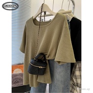 M-4XL Trendy Plain Waffle Knit Tshirt Women Plus Size Loose Casual Top