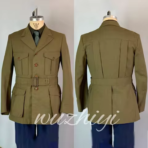 Casual Green Men's Safari Jacket with Belt Four Pockets Business Vintage Blazer Hunting Jacket 1980s