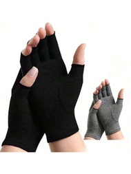 一對適合女性和男性使用的關節炎壓縮手套,採用壓縮風格的無指設計和透氣面料