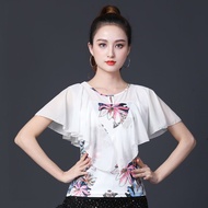 Fashionable Dance Costume Top Women Latin Dance Costume Printed Gauze Stitching Square Dance Costume