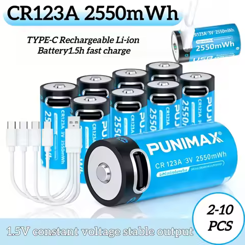 CR123A 3V 2550mAh Rechargeable Battery High Capacity Power With Type‑C for Security Cameras & Alarm
