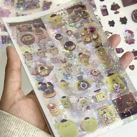 12pcs Sanrios Star Laser Kawaii Stickers Y2k Anime Cartoon Transparent Flash Hand Account Skateboard