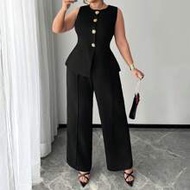 Plus Size Women's Summer Elegant Black And Gold 3D Floral Metal Button Sleeveless Blazer Vest And Pa