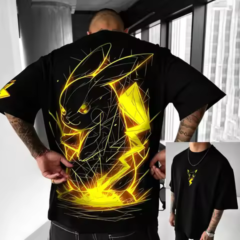 2026 Summer Pokemon Cotton T Shirt Pikachu Front Print Yellow Lightning Effects Black Tops Loose Fit