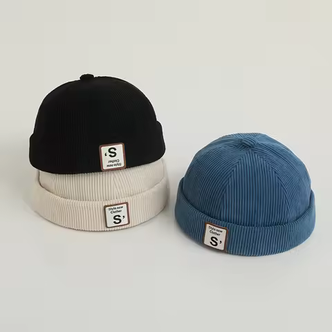 Solid Color Letter Baby Docker Cap Winter Corduroy Toddler Brimless Hat Adjustable Warm Kids Boy Gir