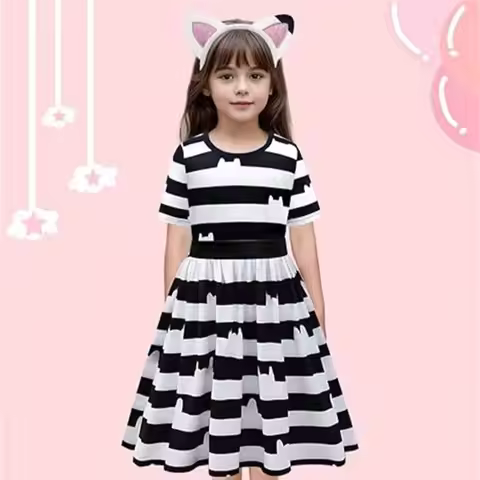 Gabby Dollhouse Girls Princess Clothings Rainbow Print Cat Striped Dress+Headband Halloween Cosplay 