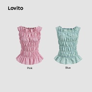 Lovito Vacation Tank Top Wanita Gingham Smocked Cute untuk Musim Panas/Semi L125AD139