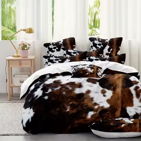 Brown And Black Cow Pattern Yak Leather Bedding Set with Washable Ultra-Fine Microfiber Duvet Cover,