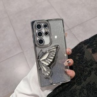 適用三星25A手機殼25PLU可愛閃粉蝴蝶支架24ultra防摔22電鍍邊鑽s23跨境-漸變閃粉銀色 三星Galaxy S22