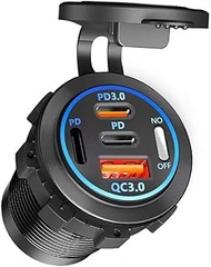 12V USB Outlet Charger PD 30W & QC 22.5W: 67.5W 4 Port USB Socket Car Charger with LED Light Power S