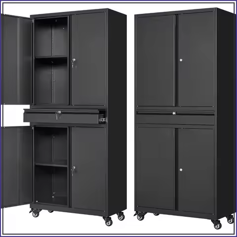 Metal Garage Storage Cabinet with Wheels, 4 Lockable Doors, Adjustable Shelves, 1 Drawer