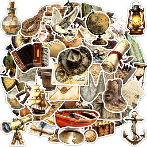 50 Pcs Nautical Adventure Vintage Stickers Pack, Decorate File Folder Phone Scrapbook Suitcase Skate