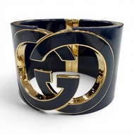 成色極佳 ▼ GUCCI 雙G互扣手鐲 海軍藍 金色五金 L 義大利製造 男女通用