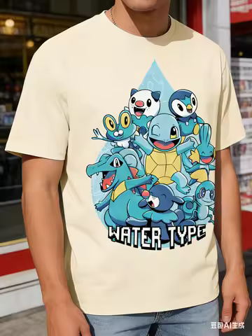 Loose Fit High Quality Cotton Pokemon T Shirt Water Type Squirtle Charmander Blue Droplets Pattern F