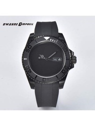 Dwayne Campbell日本nh35男士機械手錶,防水橡膠錶帶,藍寶石玻璃運動全黑手錶