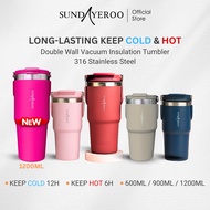 SUNDAYEROO 1200ML/900ML/600ML Tumbler Thermos Cup w Straw & Handle Stainless Steel Vacuum Insulated 