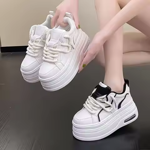Fashion Platform Sneakers Women Spring Autumn Comfort Round Toe Lace-up 8CM Thick Bottom Black White