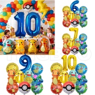 11/10pcs Pokemon Balloons set With 32inch Number Foil Balloon 1-12 for Kids 1-12th Pikachu Birthday 